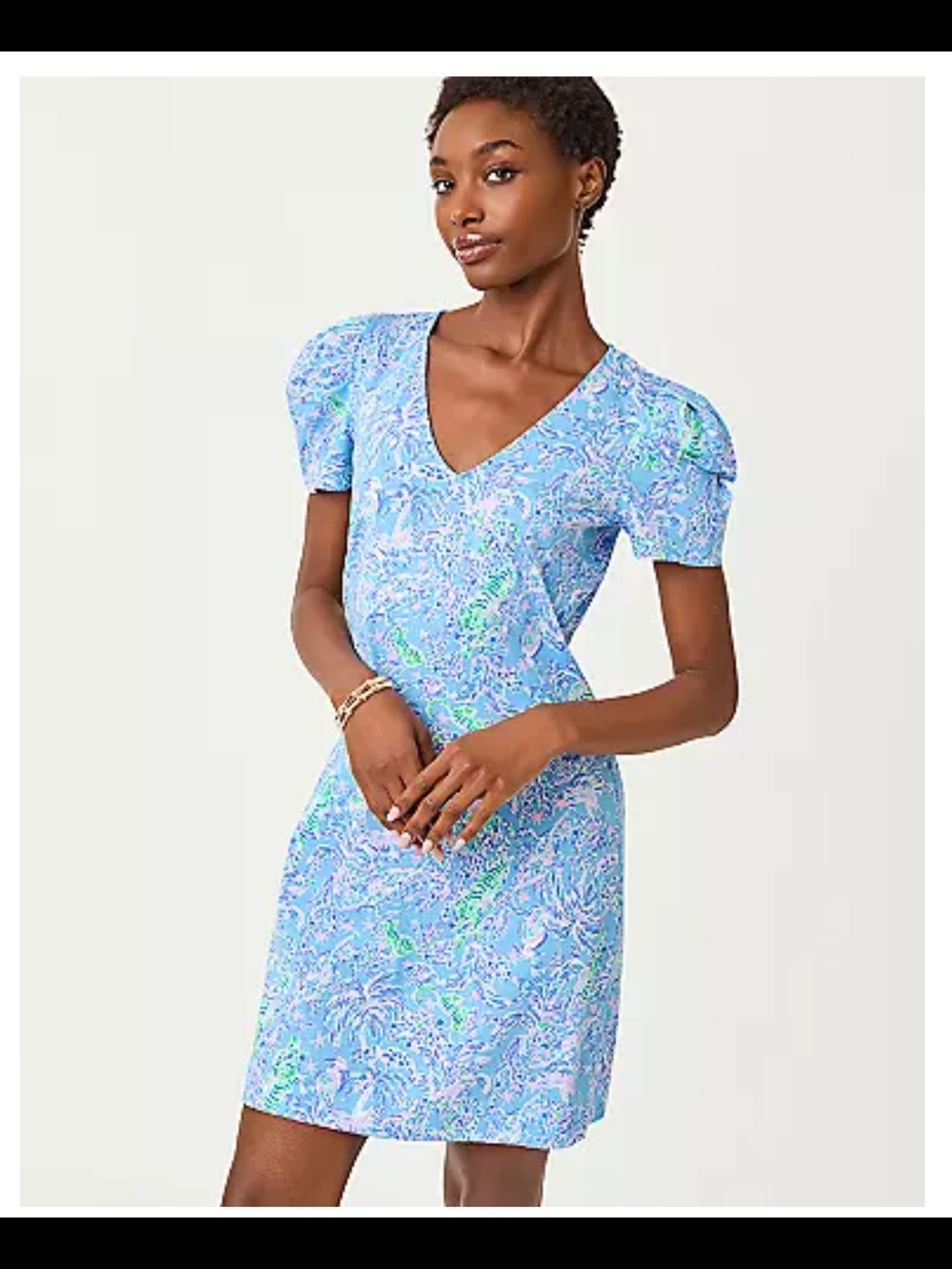 Light Blue Printed V-Neck Midi Dress